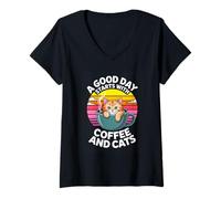 Women's Coffee Cats A Good Day Starts with Coffee and Cats V-Neck T-Shirt