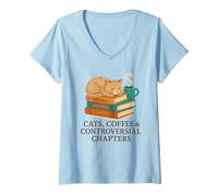 Womens Coffee Cats & Banned Books Bookworm V-Neck T-Shirt