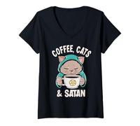 Womens Coffee, Cats & Satan Occult Satanic Hail Satan Cat V-Neck T-Shirt