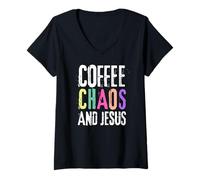 Womens Coffee Chaos And Jesus Christ Christian Religious Love Faith V-Neck T-Shirt