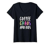 Womens Coffee Chaos And Kids Coffee Single Or Co-Parent Mom Dad V-Neck T-Shirt