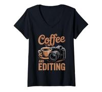 Womens Coffee Editing Cameraman Photo Camera Coffee Photographer V-Neck T-Shirt
