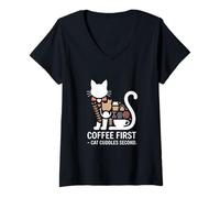 Women's Coffee First Cat Cuddles Second Morning V-Neck T-Shirt