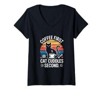 Women's Coffee First Cat Cuddles Second V-Neck T-Shirt