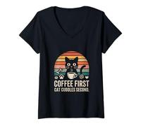 Women's Coffee First Cat Cuddles Second V-Neck T-Shirt