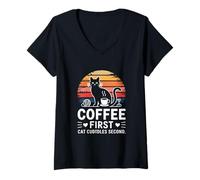 Women's Coffee First Cat Cuddles Second V-Neck T-Shirt