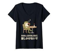 Womens Coffee First Frog Introvert Japanese Art Cartoon V-Neck T-Shirt