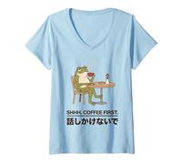 Womens Coffee First Frog Introvert Japanese Art V-Neck T-Shirt