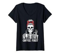 Women's Coffee First Skeleton Messy Bun Mom Funny Coffee Lover V-Neck T-Shirt