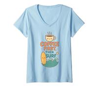 Womens Coffee First Then Surf Cute Surfboard Wave Beach Ocean Lover V-Neck T-Shirt