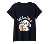 Women's Coffee Hops Cute White Hare Whipped Cream Chibi Latte V-Neck T-Shirt