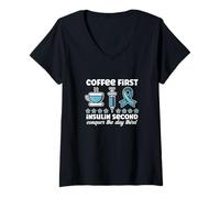Women's Coffee Insulin Diabetic Humor Type 1 2 Diabetes Blue Ribbon V-Neck T-Shirt