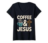 Womens Coffee & Jesus Christian Faith Mug Cross V-Neck T-Shirt