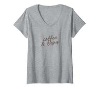 Women's Coffee & Jesus Funny Minimalist Faith Phrase Script V-Neck T-Shirt