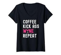 Women's Coffee Kick Ass Wine Repeat Women Moms Funny Wine Drinking V-Neck T-Shirt