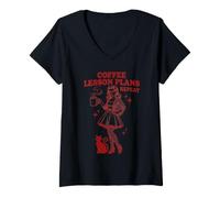 Women's Coffee Lesson Plans Repeat Retro Teacher Cat V-Neck T-Shirt