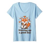 Womens Coffee Lover Fox Stirring Up a Good Day Cute V-Neck T-Shirt
