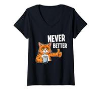 Womens Coffee Lover Tired Cat Owner Never Better Thumbs Up Funny V-Neck T-Shirt