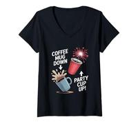 Womens Coffee Mug Down Party Cup Up Labor Day V-Neck T-Shirt