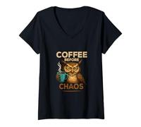 Womens Coffee Owl Morning Chaos Mood V-Neck T-Shirt