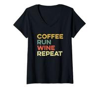 Womens Coffee Run Wine Repeat Funny Running Runner Marathon Race 5K V-Neck T-Shirt