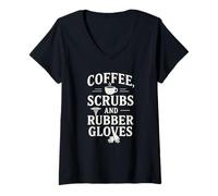 Womens Coffee Scrubs and Rubber Gloves Nurse Hospital Worker V-Neck T-Shirt