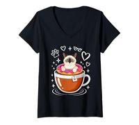 Women's Coffee Snowshoe Cat Donut V-Neck T-Shirt