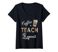 Womens Coffee Teach Repeat Leopard Print Back to School Teachers V-Neck T-Shirt