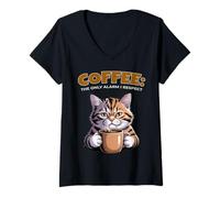 Womens Coffee: The Only Alarm I Respect - Funny Cat Cute Feline V-Neck T-Shirt