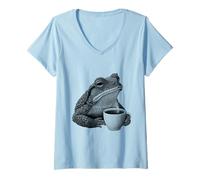 Women's Coffee Toad Woodblock Art Funny Frog Lover Graphic V-Neck T-Shirt