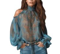 Womens Cold Shoulder Blouses Casual Ruffled Puff Long Sleeve Shirts Top Ladies Retro Lightweight High Neck Floral Printed Pleated Blouse Women Loose Fit Going Out Work Party Tee (Sky Blue, S)