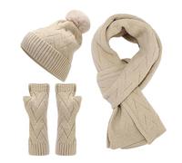 Women's Cold Weather Beanie Sets:Beanie Hat with Pom Pom for Women Scarf Neck Warmer Thermal Gloves Set Winter Knitted Pattern3 in 1 Set for Ladies Men Beige