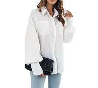 Women's Collar V Neck Lantern Loose Shirt Top Solid Lantern Fashion Lightweight Button Shirts Puffed Sleeves Casual Work Blouse (White,S)