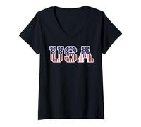 Womens College USA Font Red White Blue Stars and Stripes V-Neck T-Shirt