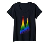 Women's Cologne Cathedral Rainbow LGBTQ Pride Silhouette Köln German V-Neck T-Shirt