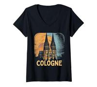 Womens Cologne Cathedral Vintage Silhouette Köln German Skyline V-Neck T-Shirt