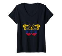Womens Colombia Flag Colombian Pride Butterfly Colombian Roots V-Neck T-Shirt
