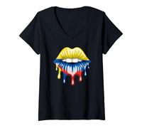 Women's Colombian Flag Dripping Lips National Pride Design V-Neck T-Shirt