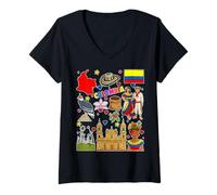 Womens Colombian Hand Drawn Symbols, Colombia map, Cultural Icons V-Neck T-Shirt