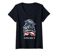 Womens Colonial Beach VA Messy Hair Bun Ribbon Sunglasses Design V-Neck T-Shirt