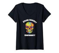Womens Color Against Conformity Bold Colorful Skull Art V-Neck T-Shirt