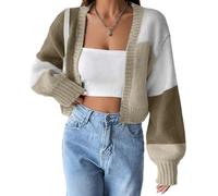Women's Color Block Cropped Cardigan Open Front Knitted Sweater with Balloon Sleeves Soft Stretch Knitwear Versatile Layering Piece for Daily Wear and Stylish Outings Casual Chic Outerwear L Brown