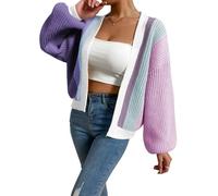 Women's Color Block Open Front Long Sleeve Ribbed Knit Cropped Cardigan Sweaters(9#,S)