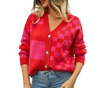 Womens Color Block Plaid Button Down Cardigan Long Sleeve Cable Knit Checkered Sweaters Tops Y2k Aesthetic Clothes, B Red, Small
