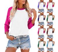 Women's Color Block Shirts Warehouse Clearance, Ladies 3/4 Sleeve Blouse Round Neck Tshirt Cotton Basic Tees Casual Solid Color T-Shirt Stretchy Jumper Comfy Loose Pullover Everyday Loungewear