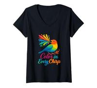 Womens Color in Every Chirp Bright Finch Colorful Songbird V-Neck T-Shirt