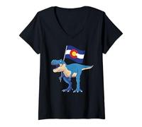 Womens Colorado Dinosaur T-Rex Denver Flag Boulder Ski Men Women V-Neck T-Shirt