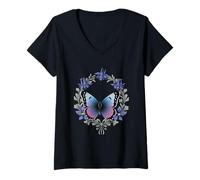 Womens Colorado Hairstreak Butterfly And Blue Columbine Flowers V-Neck T-Shirt