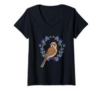 Womens Colorado Lark Bunting Bird Surrounded By Blue Columbine V-Neck T-Shirt