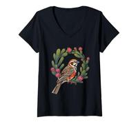 Womens Colorado Lark Bunting Bird Surrounded By Red Cacti Flowers V-Neck T-Shirt